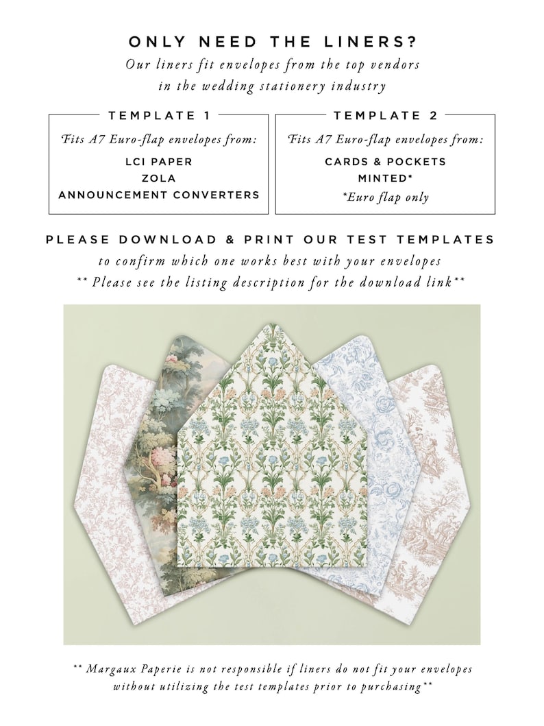 May include: An image showcasing envelope liners with various floral and patterned designs. The text reads "ONLY NEED THE LINERS?" and provides information about envelope compatibility with different vendors. The liners are in shades of green, blue, and pink.