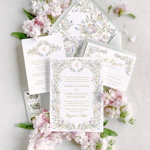 May include: A wedding invitation with a floral border and gold lettering. The invitation reads "Mr. and Mrs. Nicholas Dupont invite you to celebrate the marriage of their daughter Isabelle Marie to James Elliott Rochefort Saturday, the sixth of June two thousand twenty-four at six o'clock in the evening Swan House Gardens Atlanta, Georgia Reception to Follow"