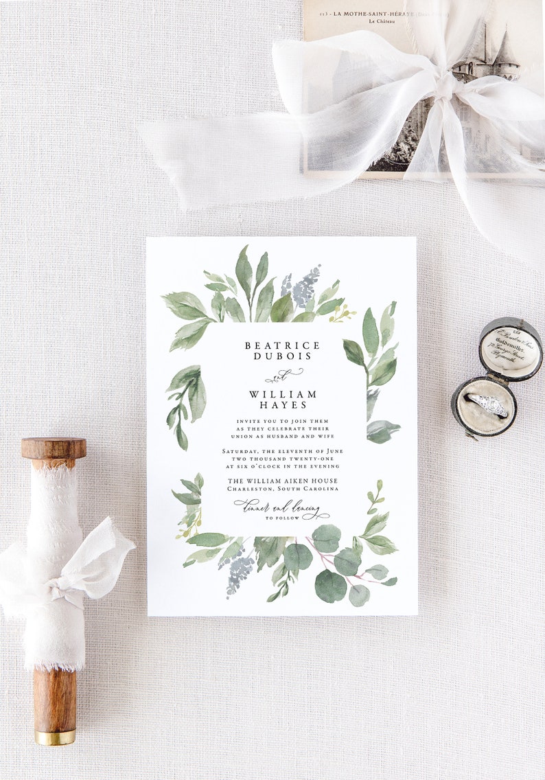 BEATRICE Eucalyptus Wedding Invitation, Watercolor Wedding Invitation, Greenery Wedding Invitation Printed, Green Wedding Invites image 5