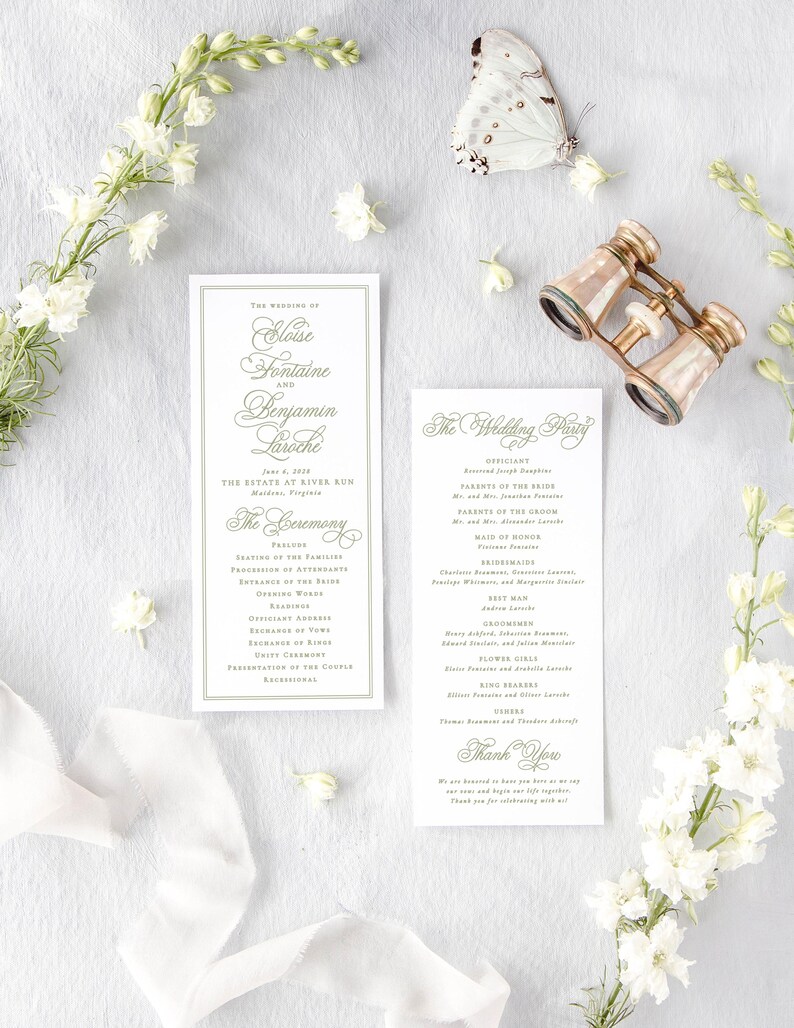 a wedding invitation with a white background and elegant text, surrounded by white flowers and a butterfly.