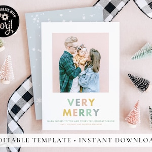Modern Christmas Card Printable, Very Merry Christmas Cards Digital Download, Christmas Card Template Instant Download, Corjl #9B805