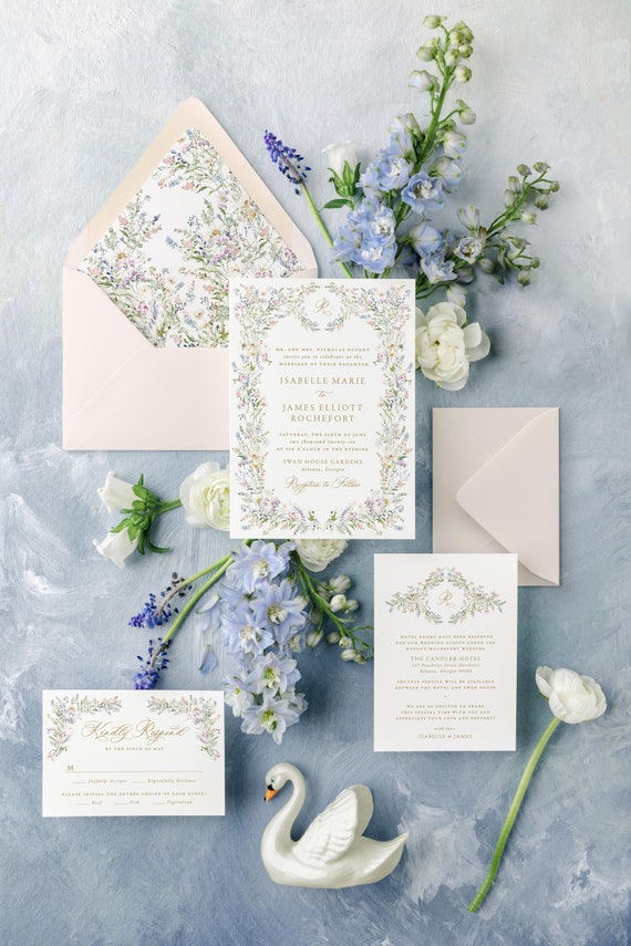 Wildflower Wedding Invitation, Pink and Blue Floral Wedding Invitations, Floral Invitation Wedding, Romantic Wedding Invites | ISABELLE