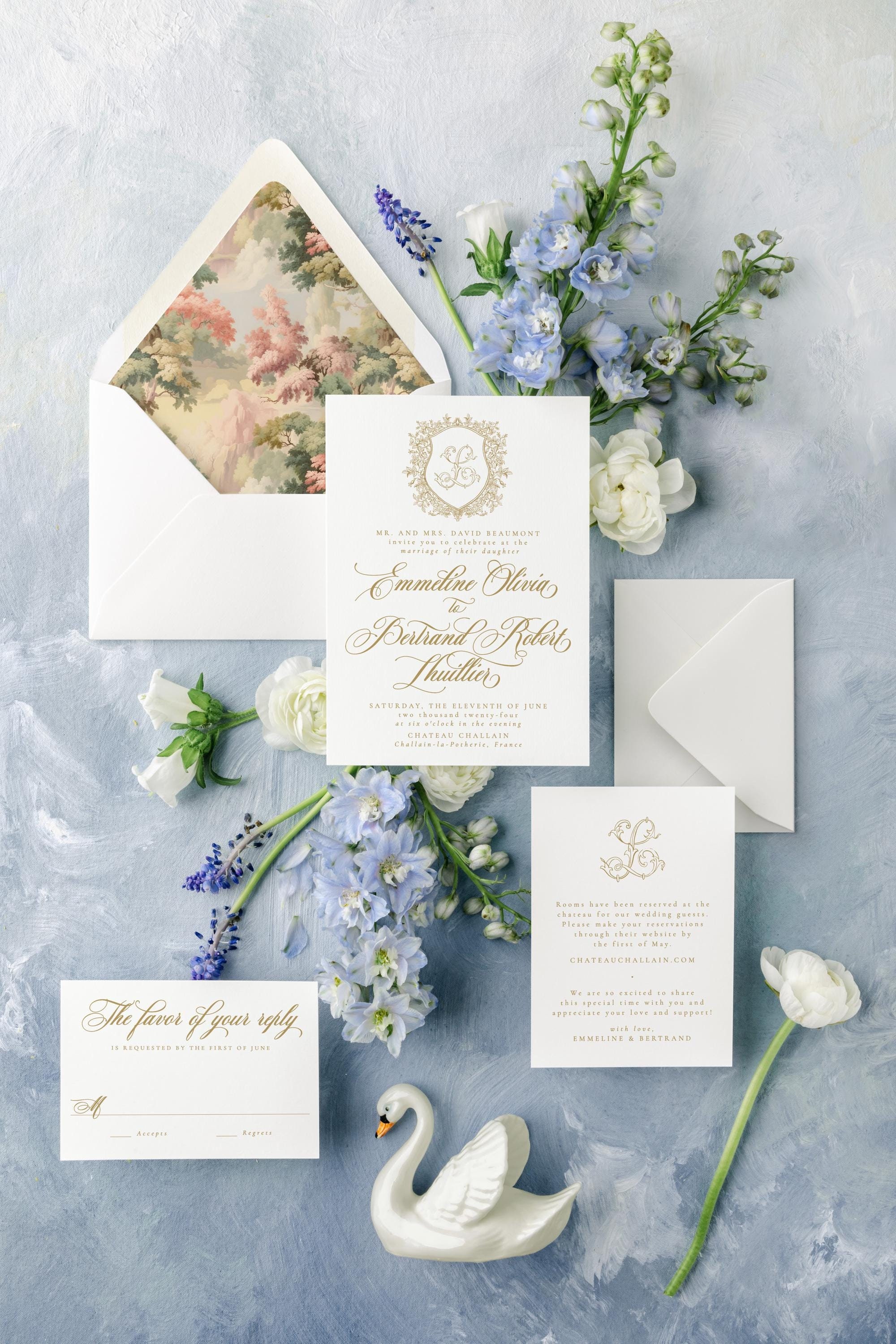 Classic Wedding Invitation Set with Calligraphy, Monogram Wedding Invitation Suite with Crest, Elegant Wedding Invitations | EMMELINE