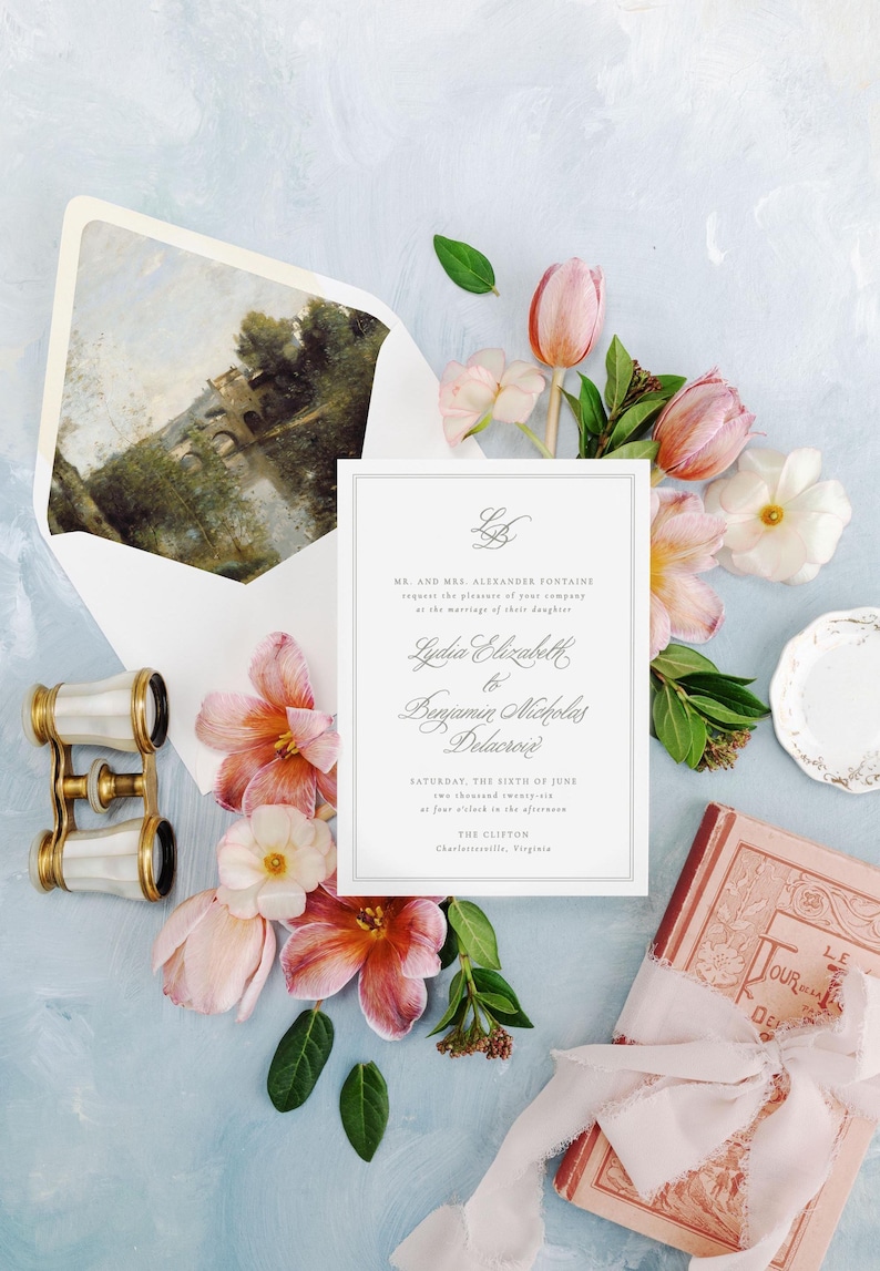 Dusty Blue Wedding Invitation Envelopes, Elegant Wedding Envelope, Envelope Liners, Set of 10, "Seine at Limay" image 18