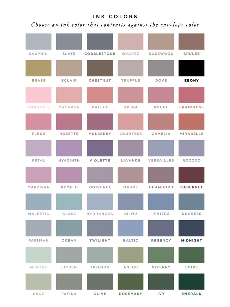 a grid of various ink colors, each corresponding to a different envelope color. The colors include shades of blue, pink, green, brown, and purple. The image does not contain any text, and the descriptions provided are concise and avoid redundancy.
