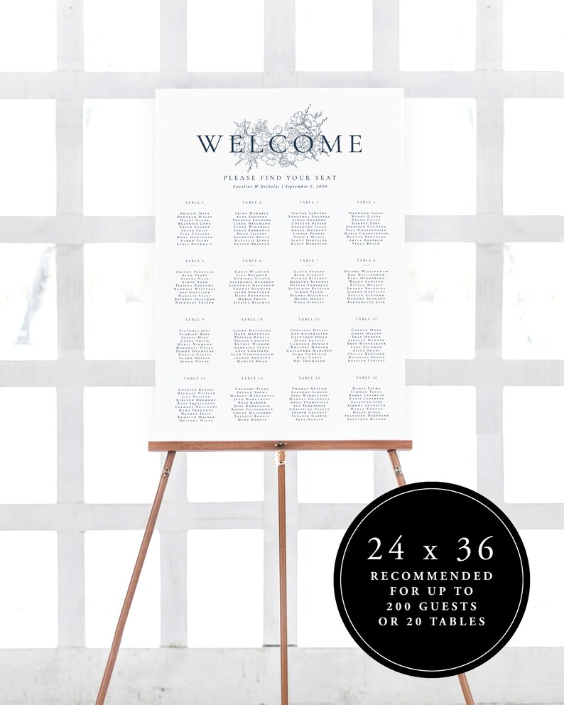 Floral Wedding Seating Chart Poster Navy Wedding Seating Etsy