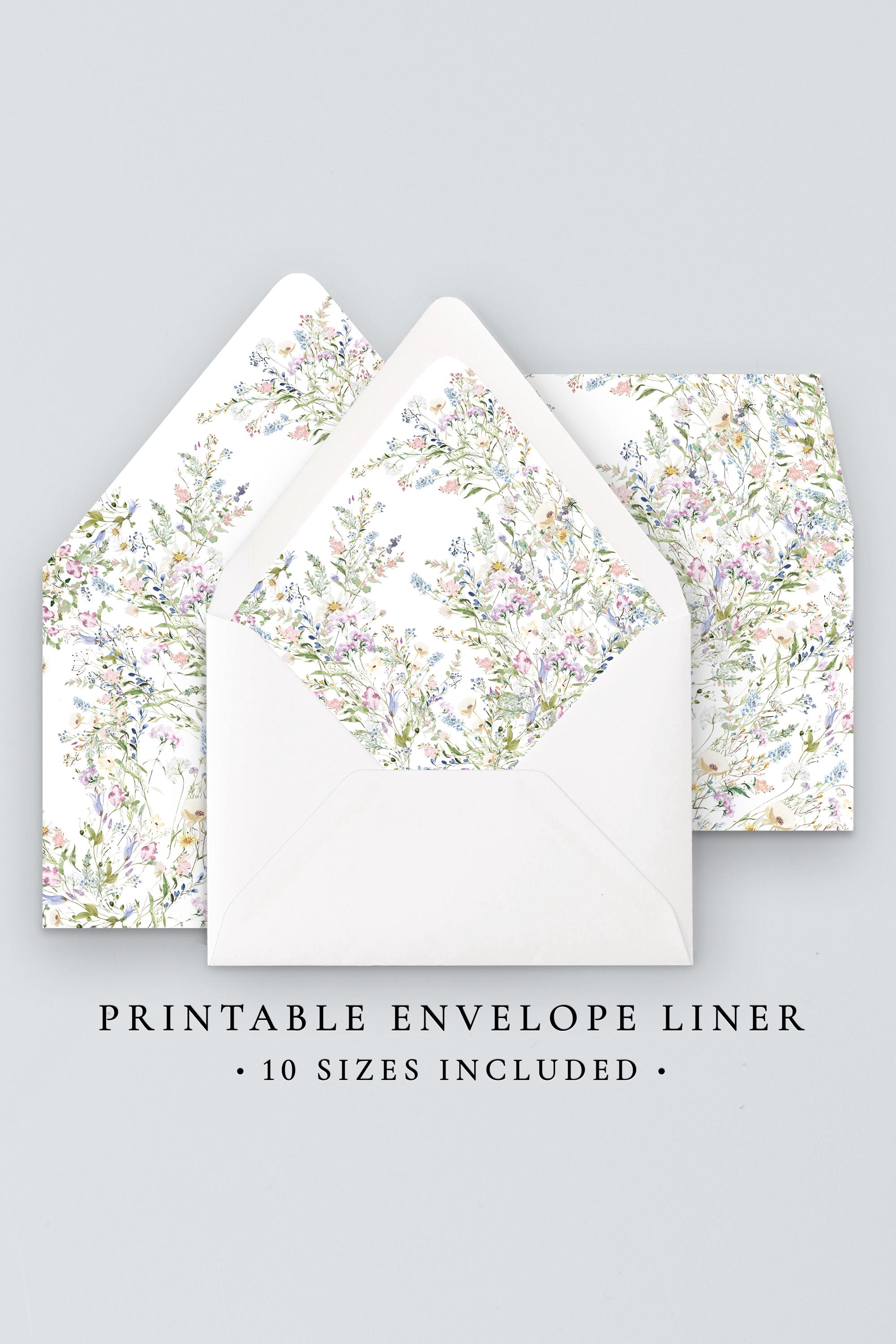 Printable Envelope Liner Template, Wildflower Envelope Liner Digital Download, Pink & Blue Floral Wedding Template Instant Download MPD1001