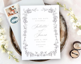 Floral Save the Dates for Wedding, Purple Wedding Save the Date Cards, Elegant Wedding Save the Dates with Floral Frame | JULIETTE