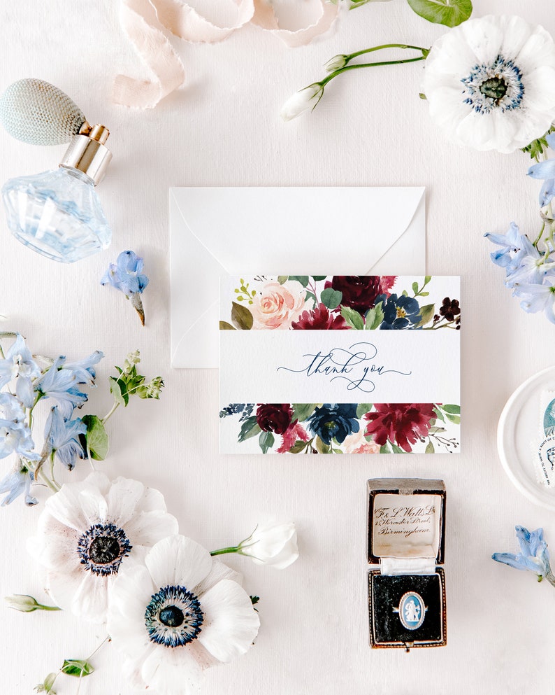 Rustic Wedding Shower Thank You Cards Burgundy and Navy Etsy