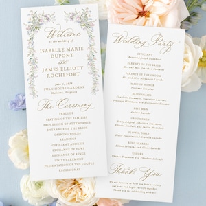 May include: Two wedding programs with floral accents and elegant calligraphy. The left program reads "Welcome" and lists the couple's names, wedding date, and location. The right program details the wedding party.