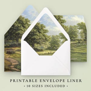 May include: Printable envelope liner with a landscape scene of a forest with trees and a path. The liner is white with a green, brown, and blue landscape image. The text "Printable Envelope Liner" and "10 Sizes Included" is printed below the image.
