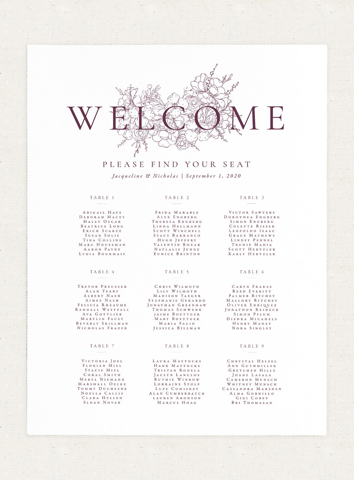 Floral Wedding Seating Chart Poster Burgundy Wedding Seating Etsy