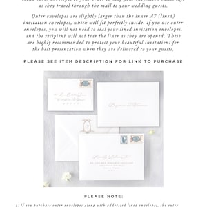 May include: A collection of white invitation envelopes, some with printed addresses and decorative stamps. The text at the top reads "OUTER/DOUBLE ENVELOPES" and provides information about their use for wedding invitations.