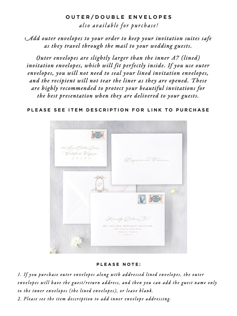 May include: A collection of white invitation envelopes, some with printed addresses and decorative stamps. The text at the top reads "OUTER/DOUBLE ENVELOPES" and provides information about their use for wedding invitations.