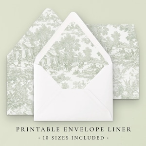 Puede incluir: Forro de sobre imprimible con un patrón de toile verde y blanco. El forro se muestra doblado en un sobre blanco. El texto "Printable Envelope Liner" y "10 Sizes Included" se muestra debajo de la imagen.