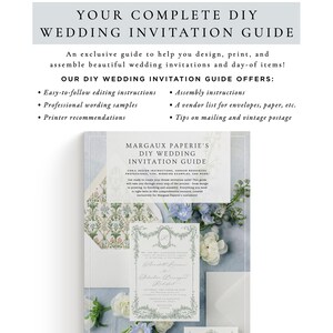 The image is a wedding invitation guide that includes a DIY wedding invitation guide, a vendor list for envelopes, paper, etc., and printer recommendations.