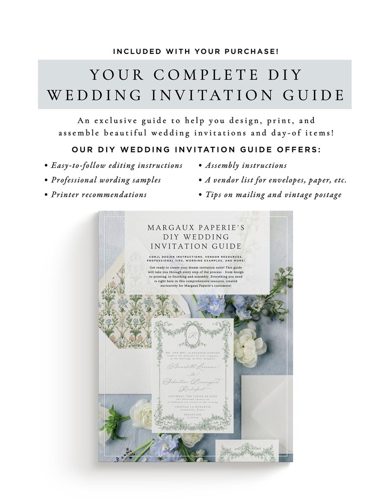 The image is a wedding invitation guide that includes a DIY wedding invitation guide, a vendor list for envelopes, paper, etc., and printer recommendations.