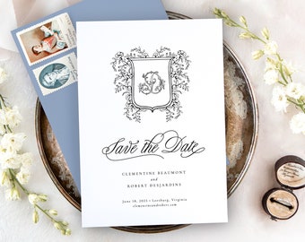 CLEMENTINE | Printed Save the Dates with Monogram, Save the Date Digital Download, Elegant Wedding Crest Save the Date Cards, Save Our Date