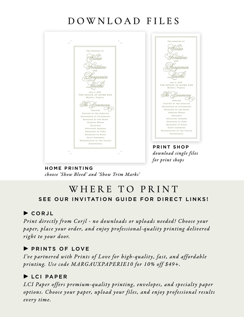 text and logos related to wedding planning services, including a bride and groom's names, a wedding venue, and a guide for printing services.
