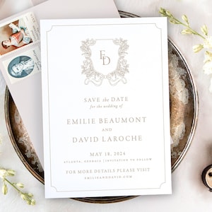 Modern Monogram Save the Date, Classic Wedding Save the Dates, Printed Blush Pink Wedding Save the Date Cards with Crest | EMILIE
