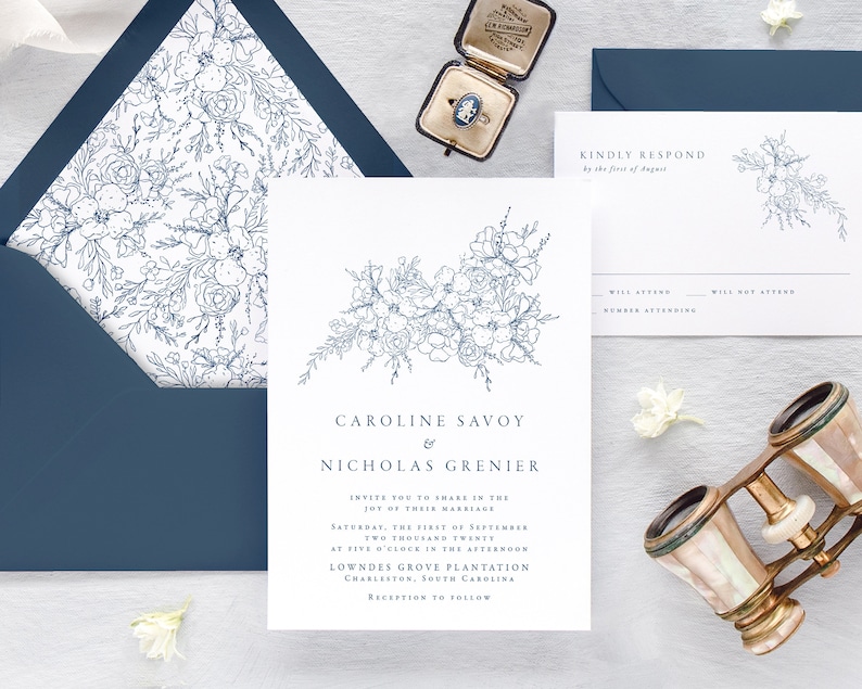 CAROLINE Floral Wedding Invitation Set, Navy Wedding Invitations, Elegant Wedding Invitation Suite, Simple Wedding Invites image 1