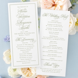 May include: Two wedding programs with elegant calligraphy, detailing the wedding ceremony and party. The programs are surrounded by soft-coloured flowers, creating a romantic aesthetic. The text includes the names of the bride and groom, and the wedding party.