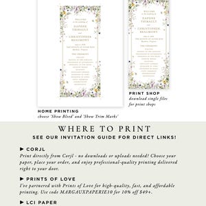 two printed pages from a wedding invitation, with text and decorative elements such as flowers and borders.