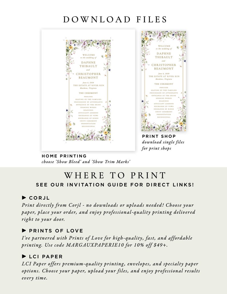two printed pages from a wedding invitation, with text and decorative elements such as flowers and borders.