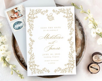 MADELEINE | Classic Floral Save the Dates for Wedding, Save the Date Cards with Monogram, Traditional Wedding Stationery, Gold Save the Date