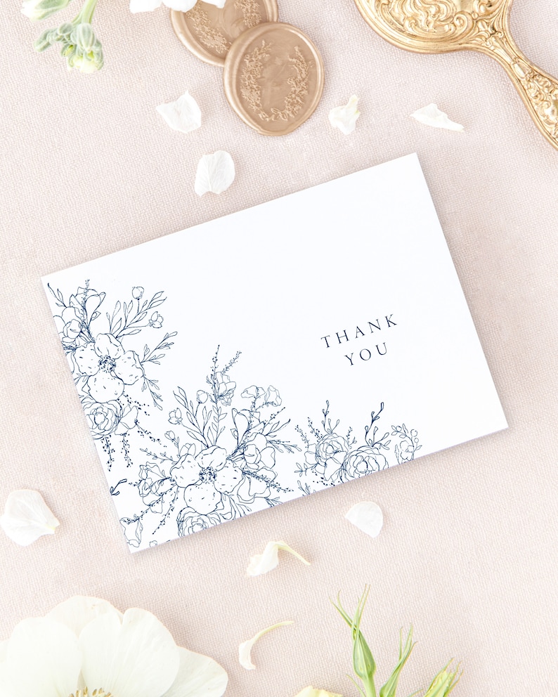 Floral Wedding Shower Thank You Cards, Thank You Cards Wedding, Navy Wedding Thank You Cards, Set of 10 image 4