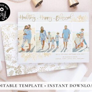 Healthy Happy Blessed Printable Christmas Cards, Grey and Gold Digital Download Christmas Card Template, Modern Holiday Cards, Corjl #F4H1J