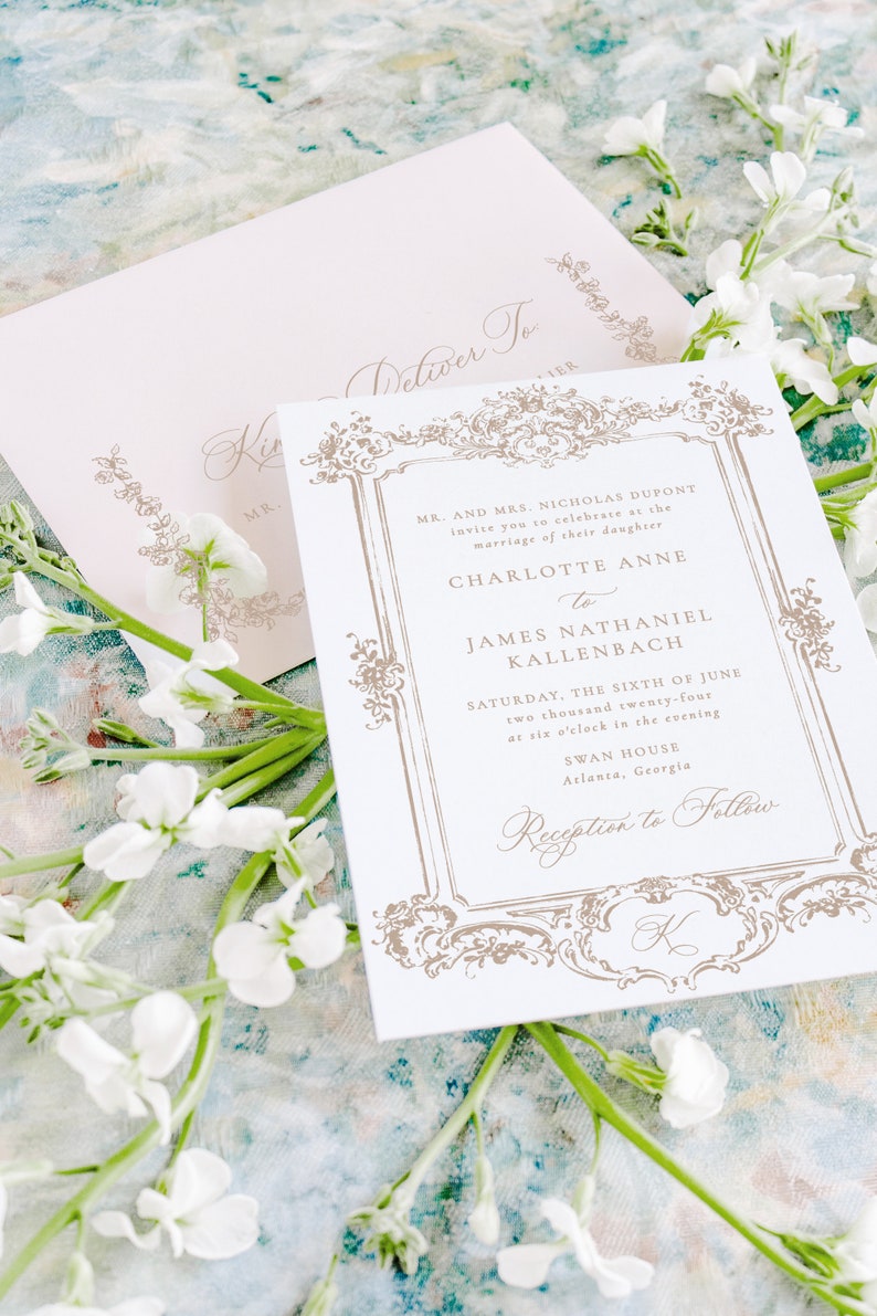 CHARLOTTE Floral Frame Wedding Invitation, Elegant Wedding Invitations, Gold Wedding Invites, Printed Destination Wedding Invitations image 4
