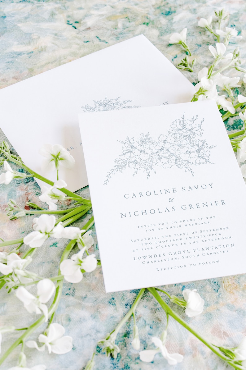 CAROLINE Floral Wedding Invitation Set, Navy Wedding Invitations, Elegant Wedding Invitation Suite, Simple Wedding Invites image 3