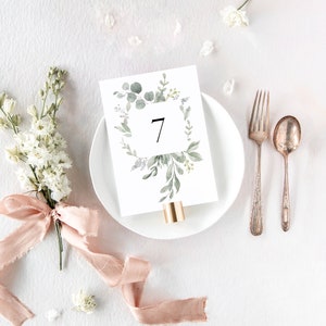 BEATRICE Modern Greenery Table Number, Rustic Wedding Table Numbers, Eucalyptus Wedding Signs, Printed Table Numbers Wedding image 2