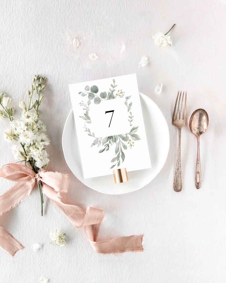BEATRICE Modern Greenery Table Number, Rustic Wedding Table Numbers, Eucalyptus Wedding Signs, Printed Table Numbers Wedding image 2