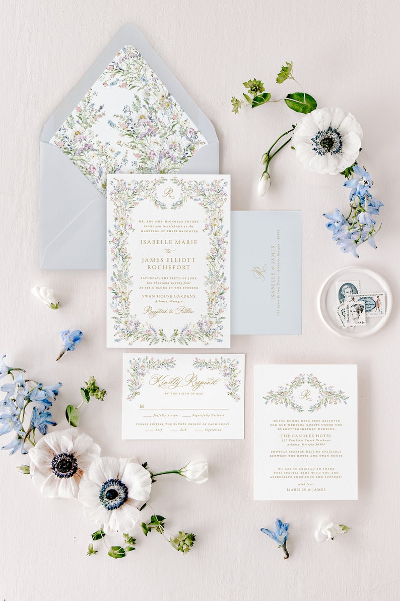 ISABELLE Wildflower Wedding Invitation, Pink and Blue Floral Wedding Invitations, Floral Invitation Wedding, Romantic Wedding Invites 画像 4