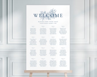 CAROLINE | Affiche de tableau de sièges de mariage floral, plan de sièges de mariage bleu marine, décor de mariage élégant, tableau de sièges de mariage simple imprimable