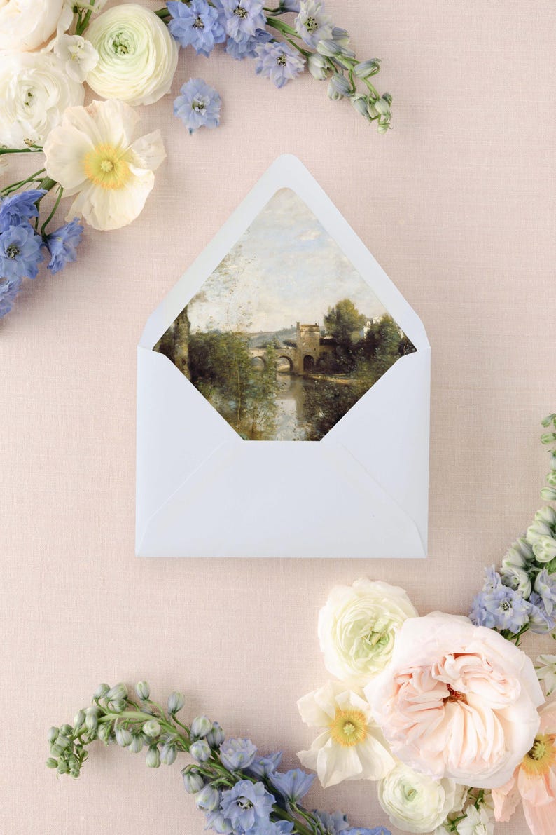 Dusty Blue Wedding Invitation Envelopes, Elegant Wedding Envelope, Envelope Liners, Set of 10, "Seine at Limay" image 9