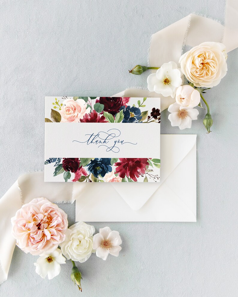 Rustic Wedding Shower Thank You Cards Burgundy and Navy Etsy