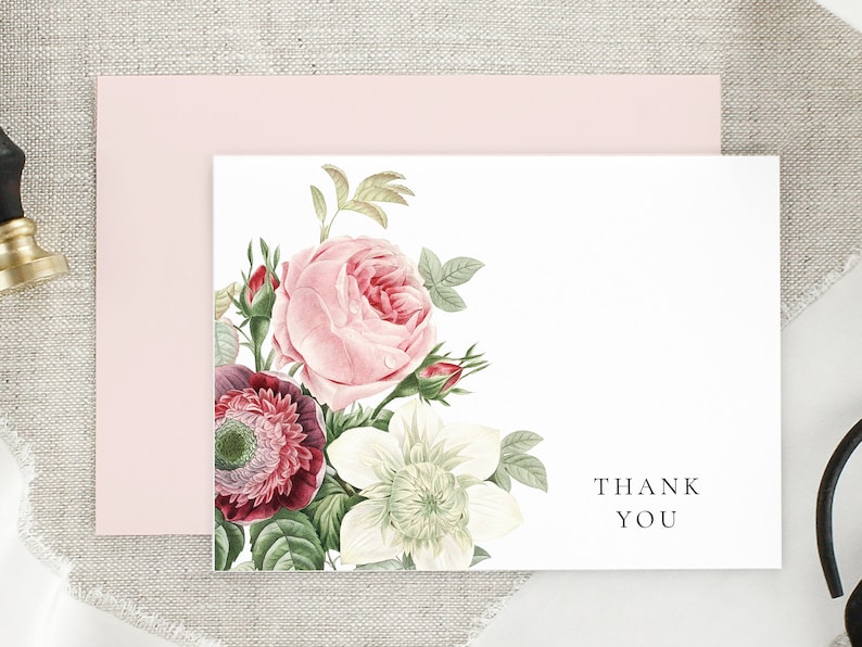 Burgundy Floral Wedding Thank You Cards Bridal Shower Thank You Cards Note Cards with Envelopes Thank You Cards Wedding