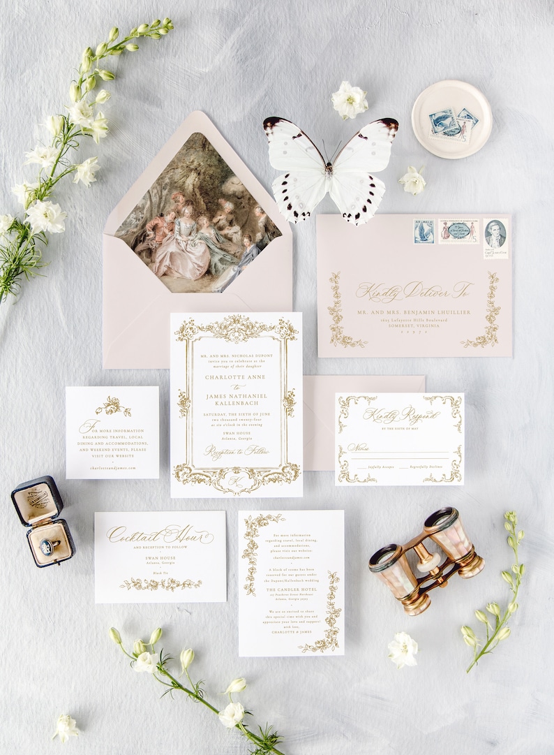CHARLOTTE Floral Frame Wedding Invitation, Elegant Wedding Invitations, Gold Wedding Invites, Printed Destination Wedding Invitations image 2