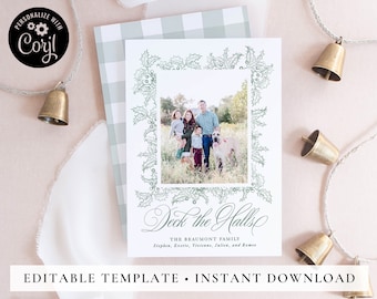 Printable Christmas Cards with Photo, Green Holly Christmas Card Digital Download, Instant Download Christmas Card Template, Corjl #41769G