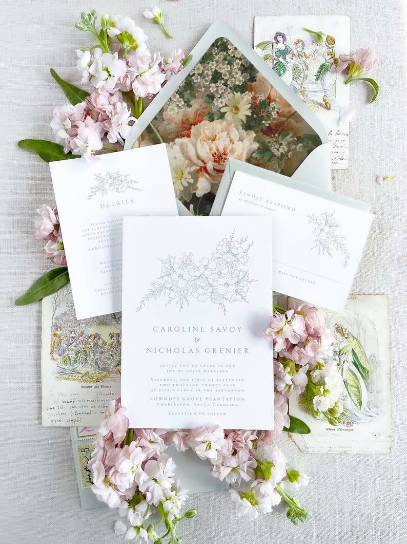CAROLINE Floral Wedding Invitation Set, Navy Wedding Invitations, Elegant Wedding Invitation Suite, Simple Wedding Invites image 5