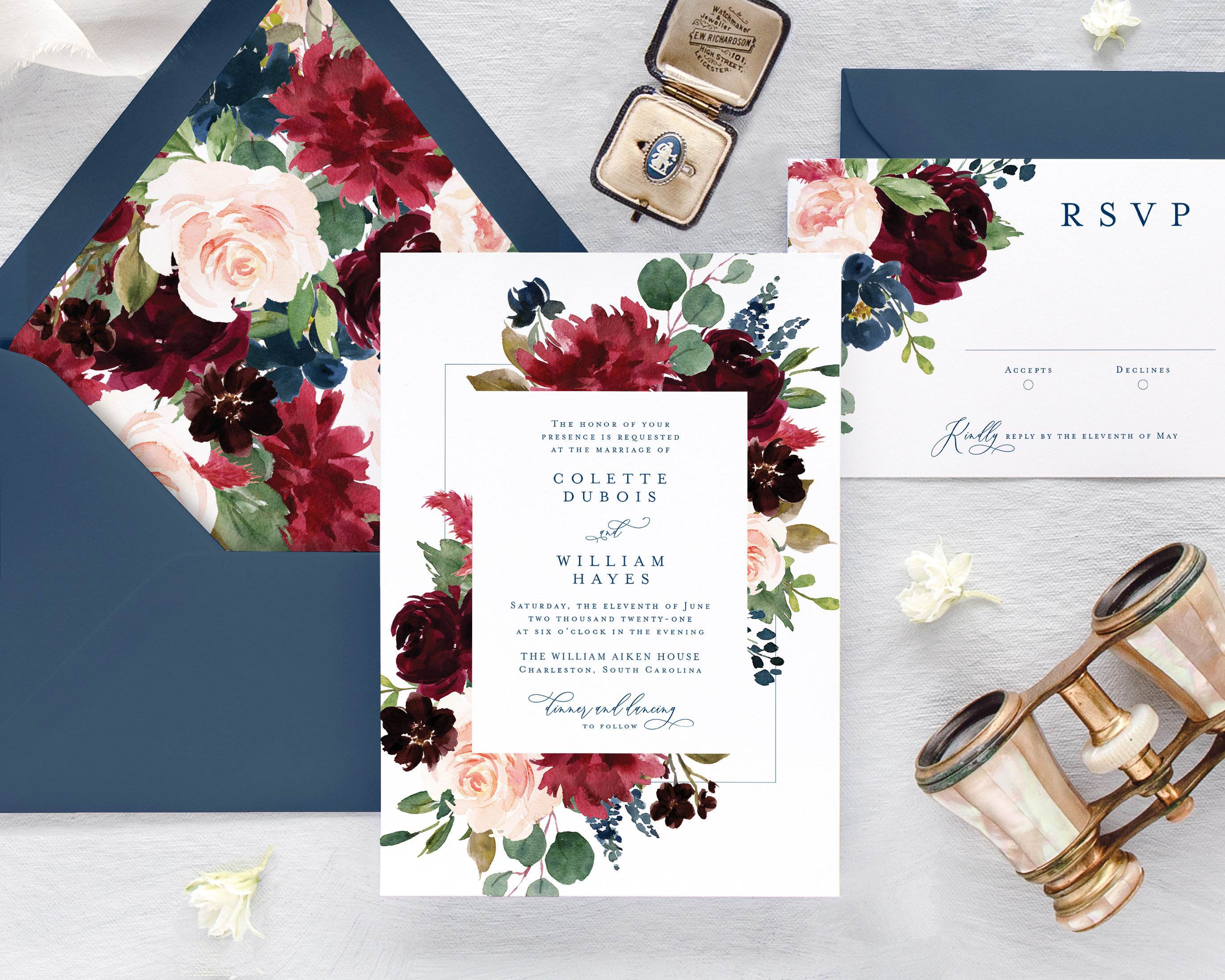 COLETTE Printed Floral Wedding Invitation Set Navy and - Etsy