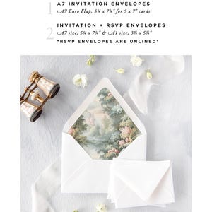 a variety of envelope sizes available for purchase, including A7 invitations, invitation + RSVP envelopes, and RSVP envelopes. The envelopes are set against a backdrop of white flowers and a pair of binoculars, creating a visually appealing and elegant presentation.