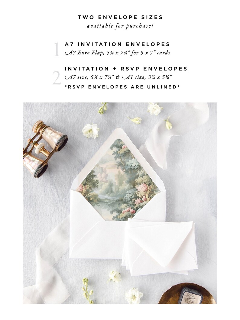 a variety of envelope sizes available for purchase, including A7 invitations, invitation + RSVP envelopes, and RSVP envelopes. The envelopes are set against a backdrop of white flowers and a pair of binoculars, creating a visually appealing and elegant presentation.