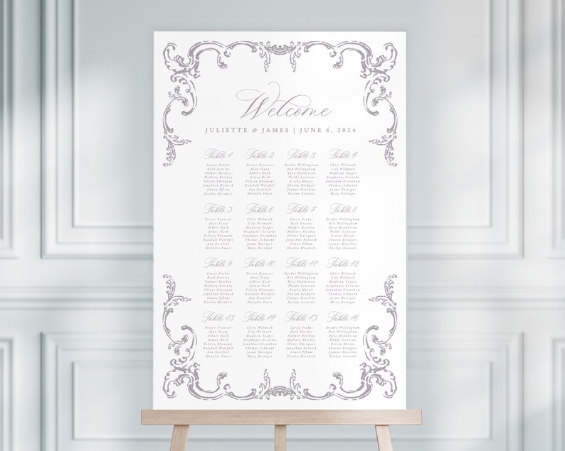 JULIETTE Elegant Wedding Seating Chart, Purple Wedding Sign, Wedding Table Plan, Printable Wedding Signs, Wedding Seating Plan image 1