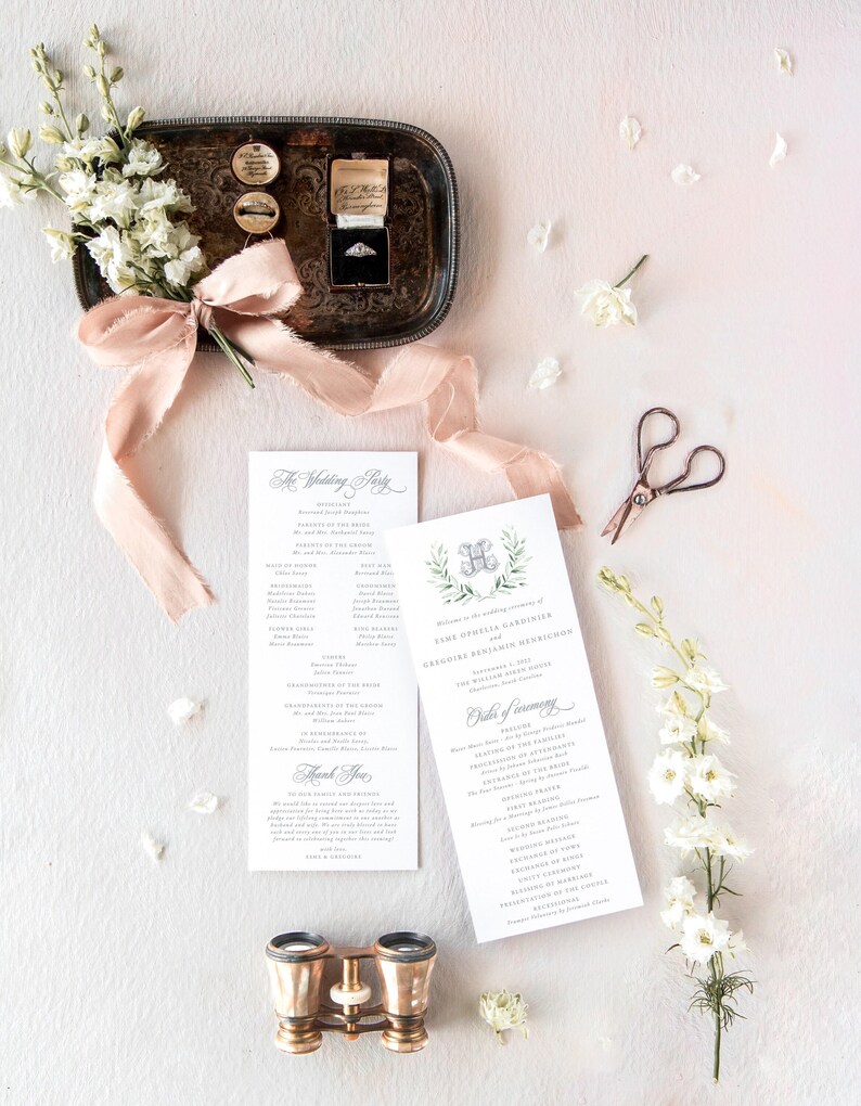 Program Caligrophy Printed Wedding Program With Monogram, Classic Wedding Programs Printed ...