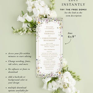 The image is a wedding invitation featuring a floral design with white flowers and text detailing the event.