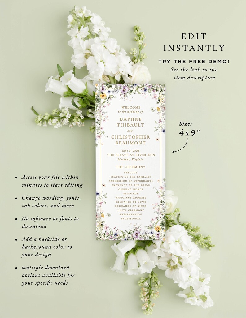 The image is a wedding invitation featuring a floral design with white flowers and text detailing the event.